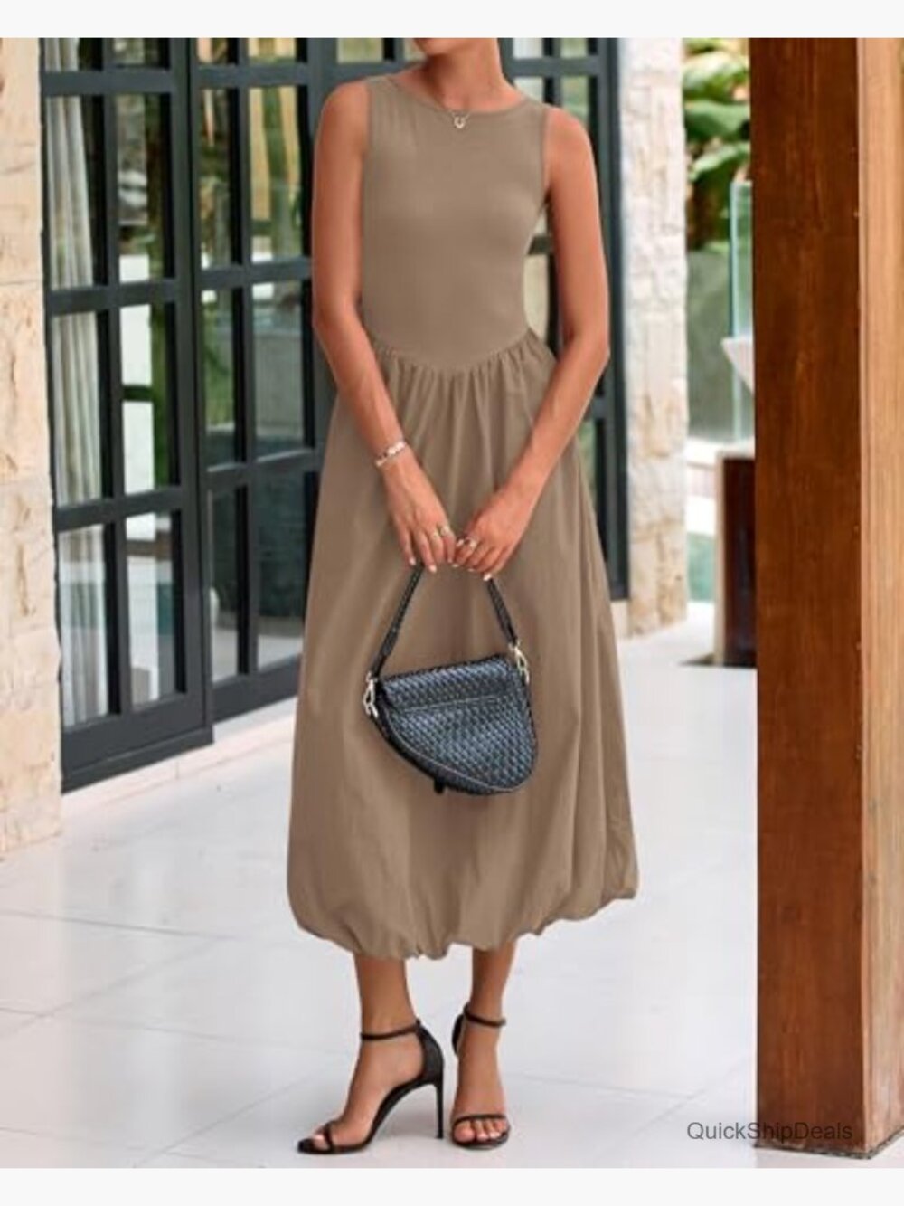 Sleeveless Patchwork Knit Midi Dress with Pockets - Picture 4 of 7